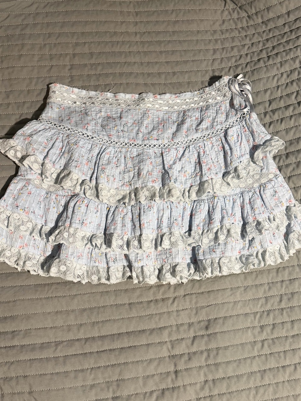 Love Shack Fancy Light Blue Floral Ruffled Mini Skirt